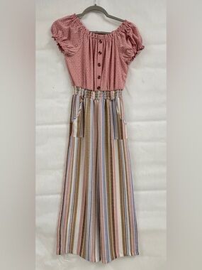 Girls Large Pink Eyelet Stripe Romper Boho Cottagecore Summer One Piece Coquette
